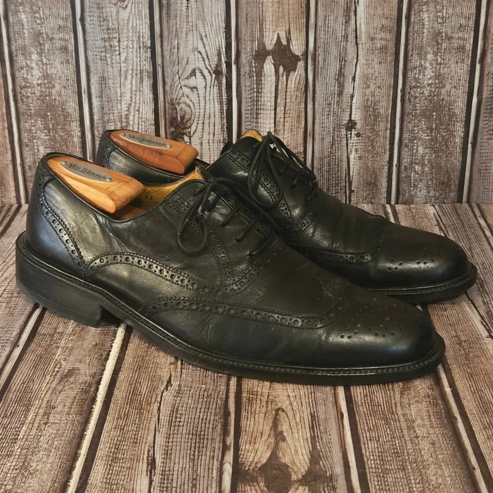Sz 43 / 10 Magnanni Black Leather Brogue Wingtip Oxford Dress Shoes VGUC